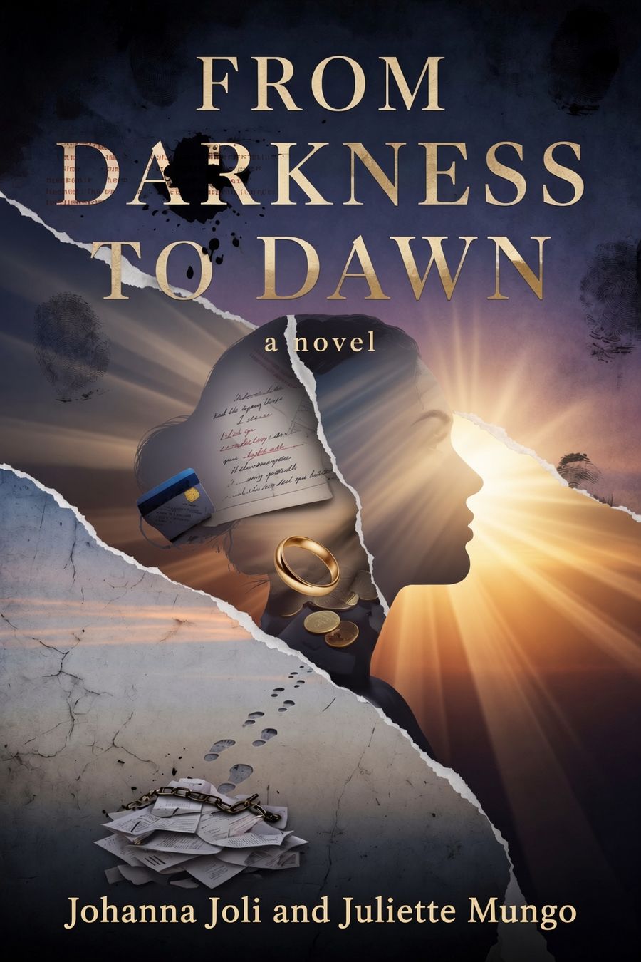 The cover of From Darkness to Dawn: a woman's profile in silhouette against a golden sunrise, assembled from torn paper fragments.