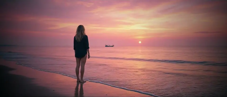 A woman standing alone at the waterline on a wide beach under a pink dawn sky, a fishing boat far out.