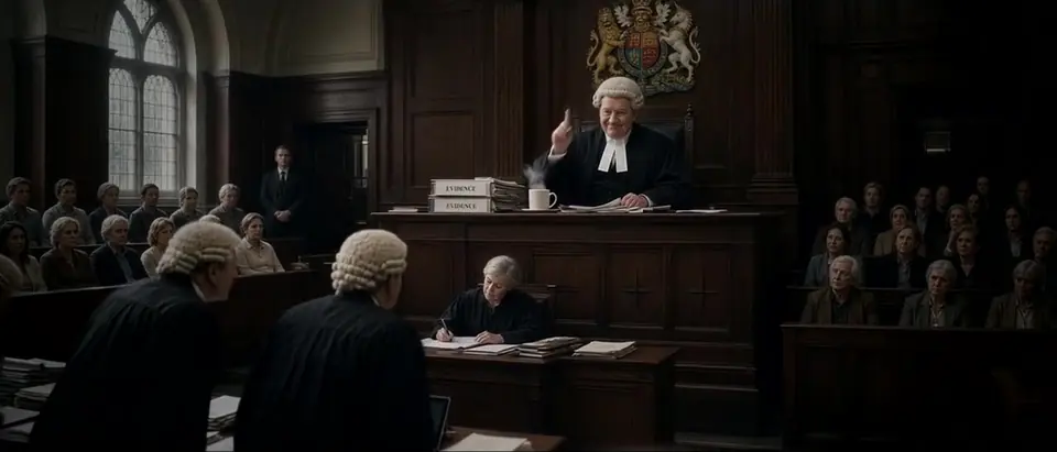 A wood-panelled courtroom seen from behind a woman sitting alone; the judge sits at the bench beneath the royal arms.
