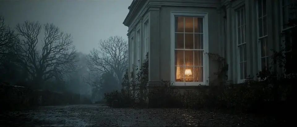 A Georgian house in the English countryside at dusk, one window lit, rain on the drive: where it began.