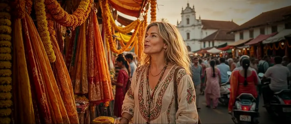 A woman smiling in a crowded Indian market, marigold garlands and saffron cloth all around her, a white church behind.